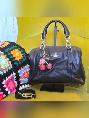 Coach Collette Black Leather Satchel with Cherry Charm (33806)